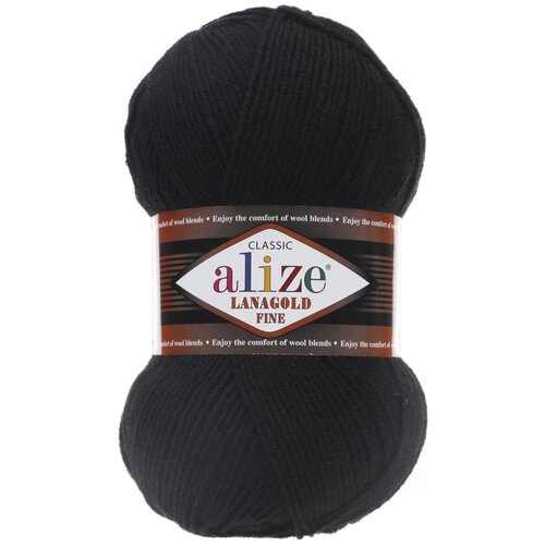 Пряжа Alize Lanagold Fine (Ализе Ланаголд Файн) - 1 моток, 60 черный, 49% шерсть, 51% акрил 390м/100г