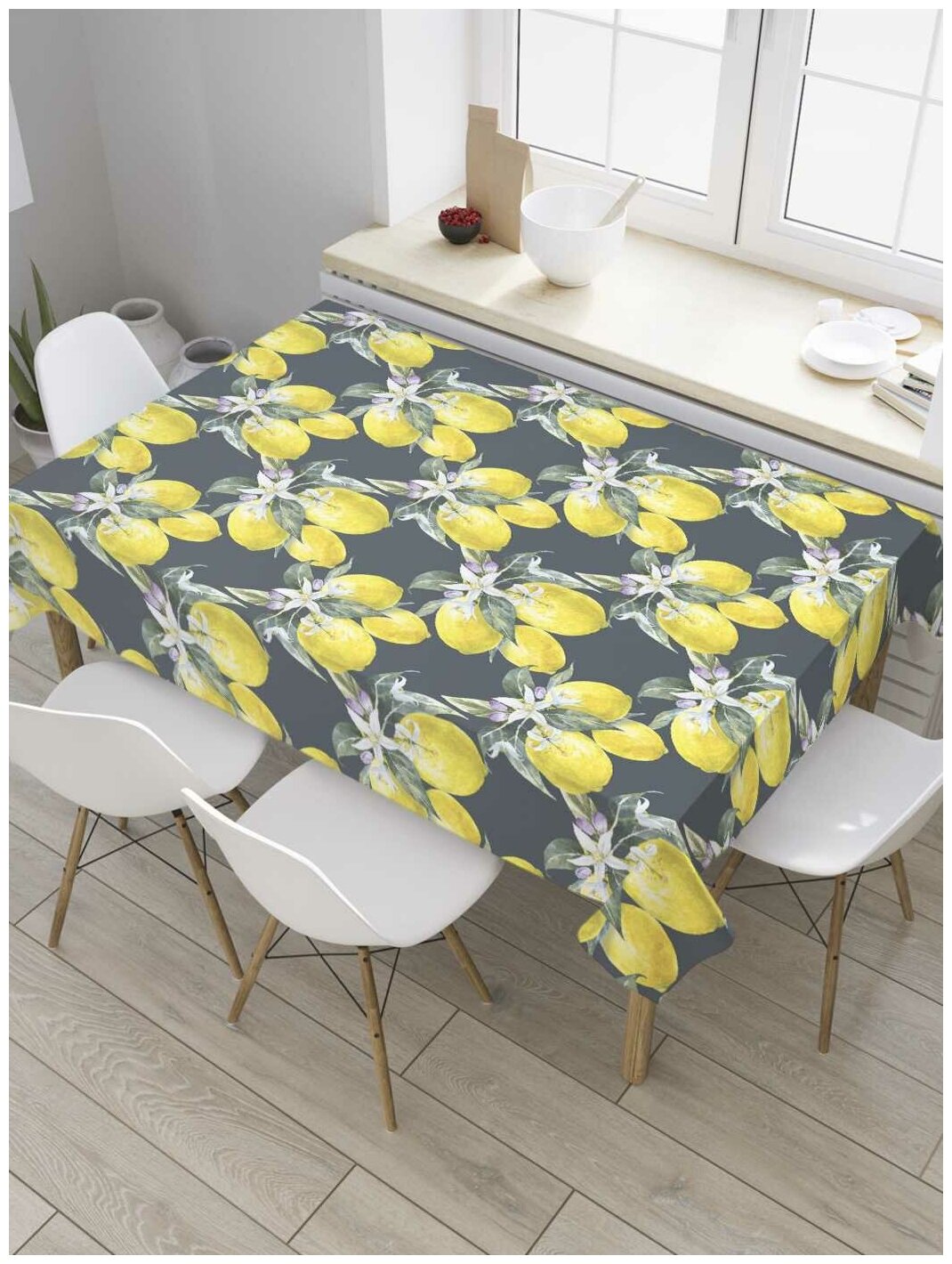 Скатерть прямоугольная JoyArty на кухонный стол "Веточки лимонов" из оксфорда, 120x145 см