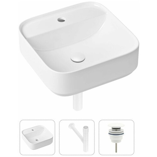 Комплект 3 в 1 Lavinia Boho Bathroom Sink 21520304: накладная фарфоровая раковина 42 см, металлический сифон, донный клапан