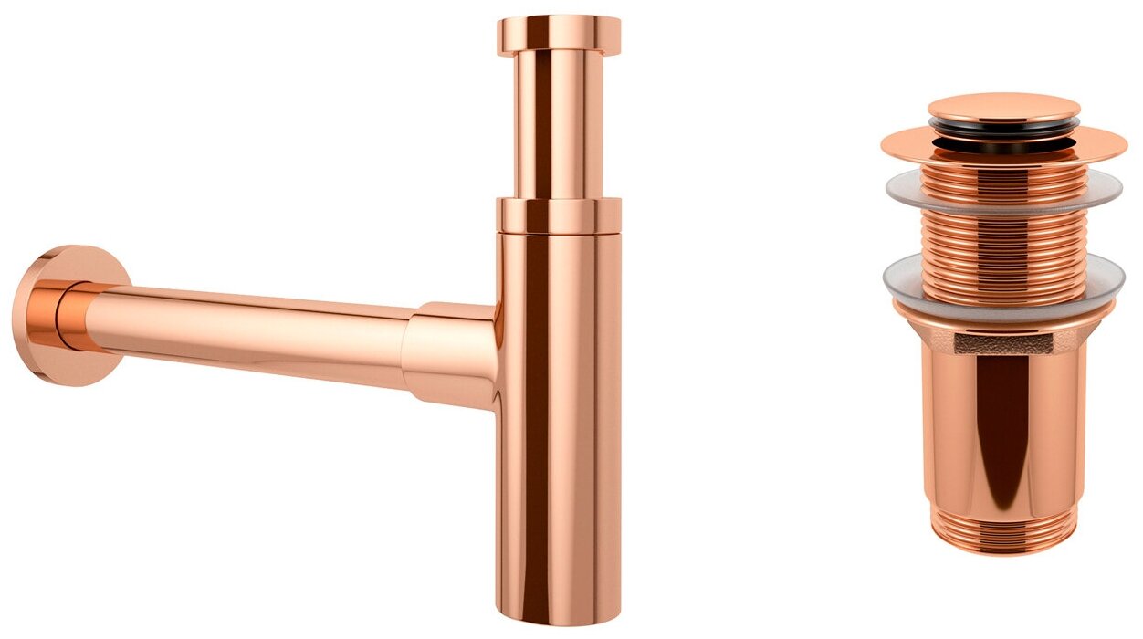 Сифон для раковины Wellsee Drainage System 182122002 в наборе 2 в 1: металлический сифон и донный клапан с переливом в цвете розовое золото