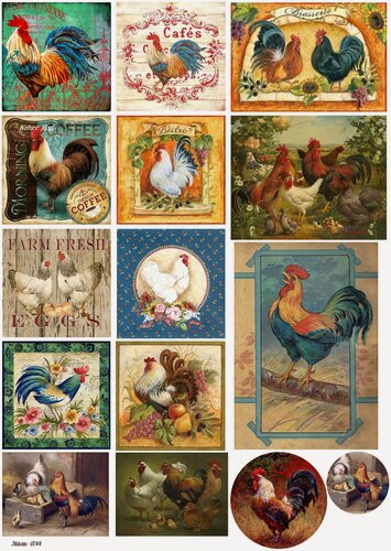 Изображение товара Рисовая бумага для декупажа А4 ультратонкая салфетка 0744 птицы картинки петухи винтаж крафт Milotto