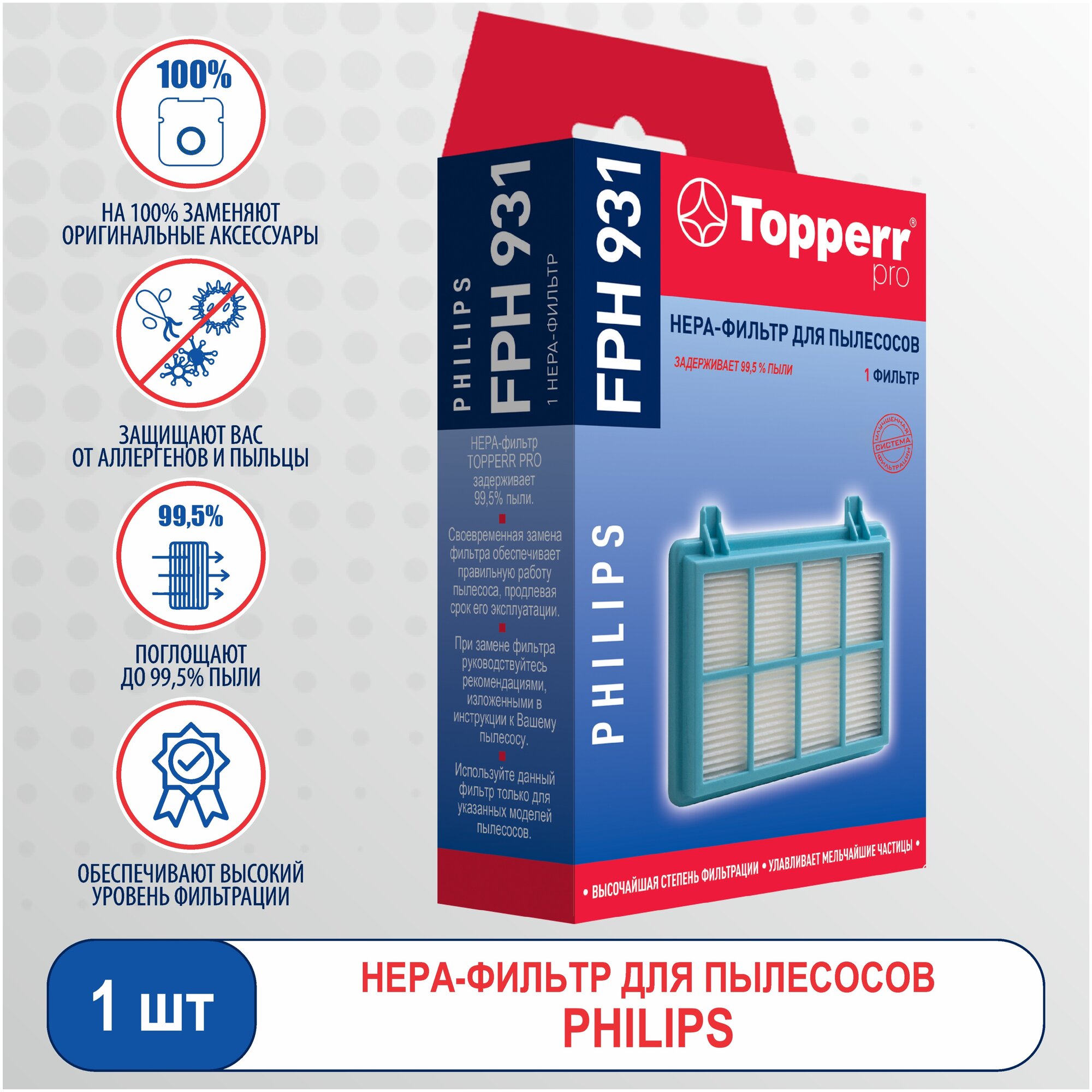 НЕРА-фильтр TOPPERR FPH931 , для пылесосов PHILIPS PowerPro Compact, PowerPro City, Marathon Compact - фото №1