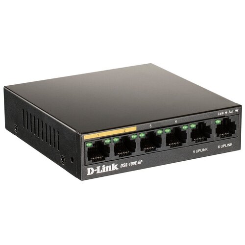 D-Link Dss-100e-6p/a1a Неуправляемый коммутатор с 6 портами 10/100Base-TX (4 порта PoE 802.3af/at, P