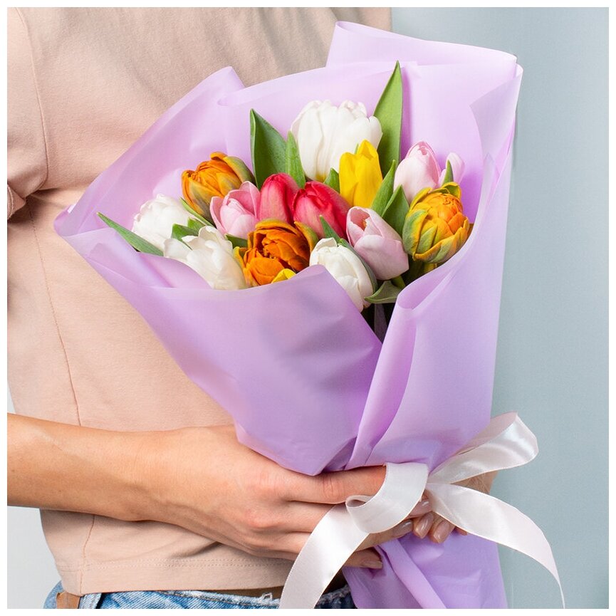 Букет из разноцветных тюльпанов 15 шт. Л'Этуаль Flowers живые свежие цветы