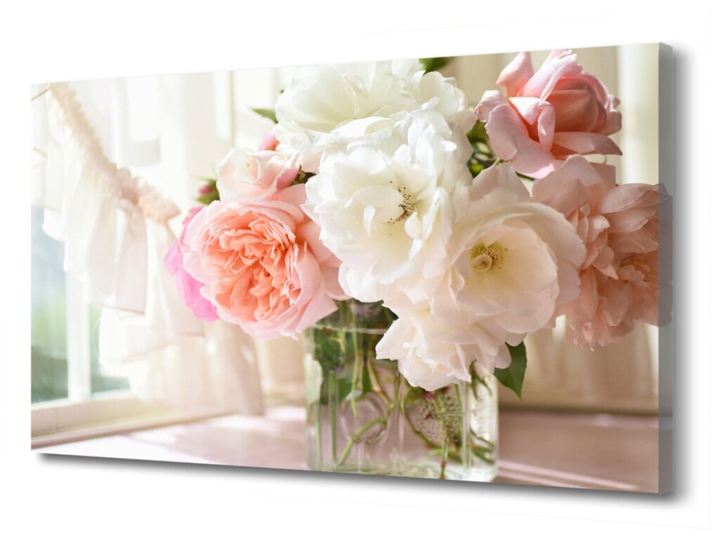Картина на холсте "Цветы. Букет роз в вазе" PRC-1046 (45x30см). Натуральный холст