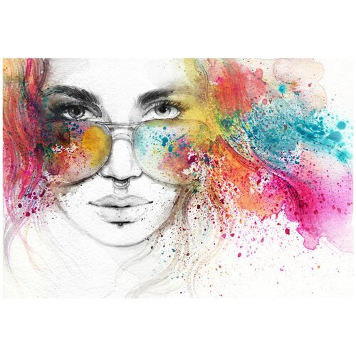 Фотообои Уютная стена Портрет девушки в очках акварелью 390х270 см Бесшовные Премиум (единым полотном)