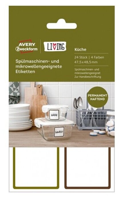 Этикетки Avery Zweckform Living, для СВЧ посуды и посудомоечных машин, 47.5 x 48.5 мм, 24 штук 4 листа