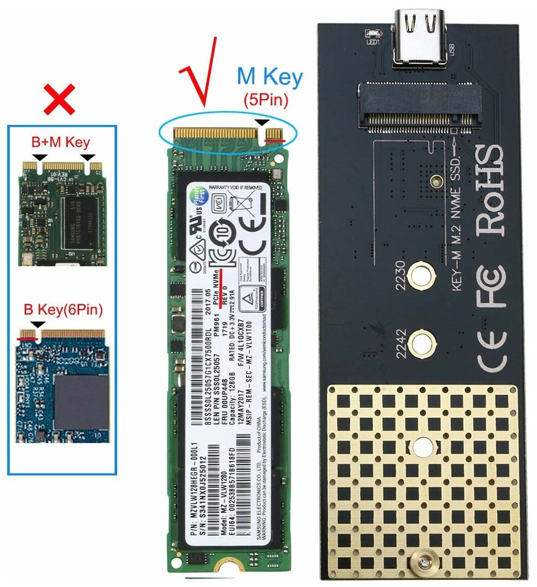 Бокс для жесткого диска SSD M2 (NVME M-key) - Type-C / USB 30 алюминиевый (черный) с двумя проводом - RTL9210B