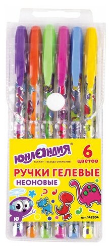 Комплект 30 шт, Ручки гелевые юнландия, набор 6 цветов, неон, корпус с печатью, узел 0.7 мм, линия письма 0.5 мм, 142804