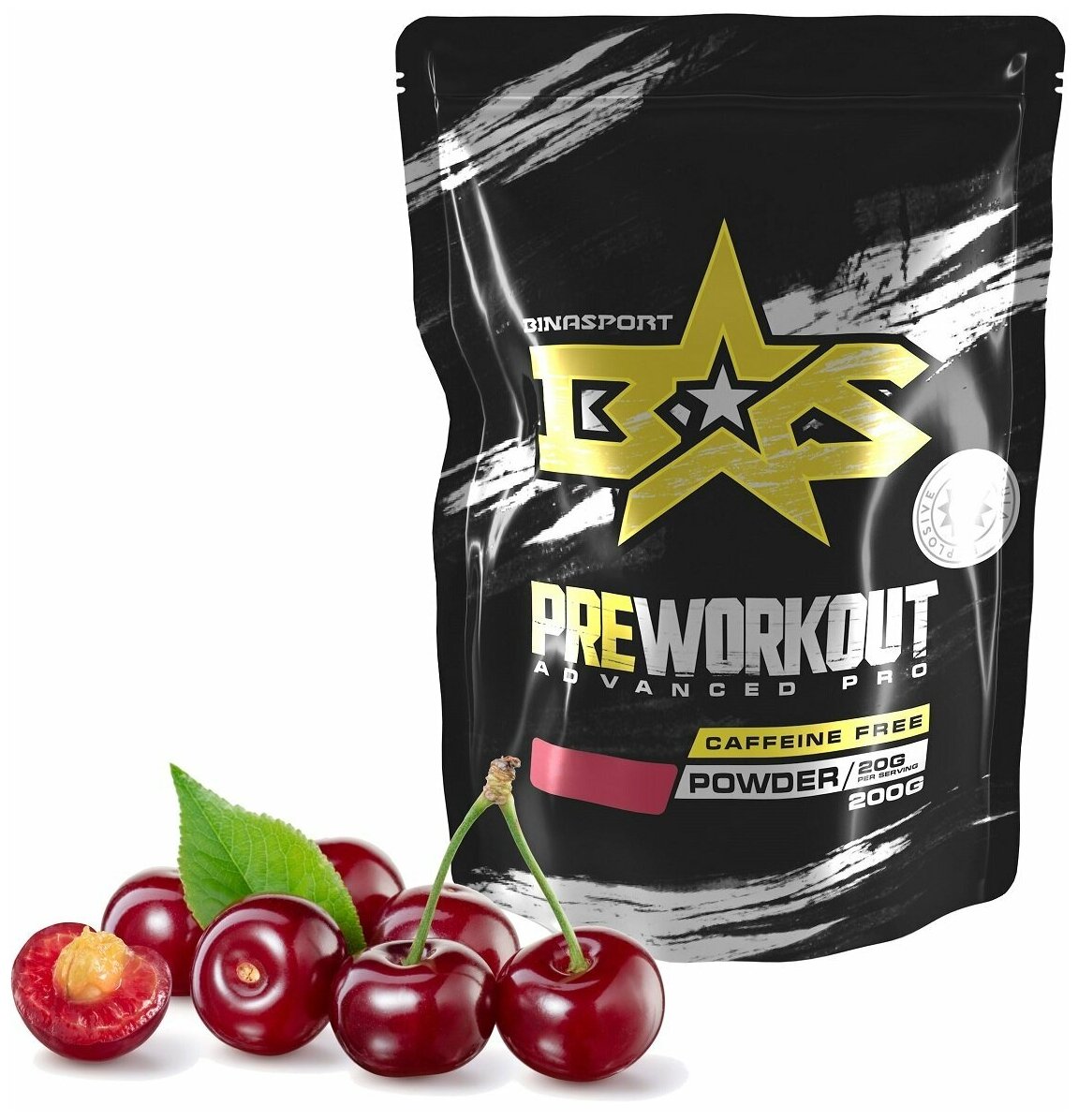 (2 УП х 200ГР) Предтренировочный комплекс Binasport "Preworkout Advanced Pro caffeine free" (без кофеина) порошок 400 г со вкусом вишни