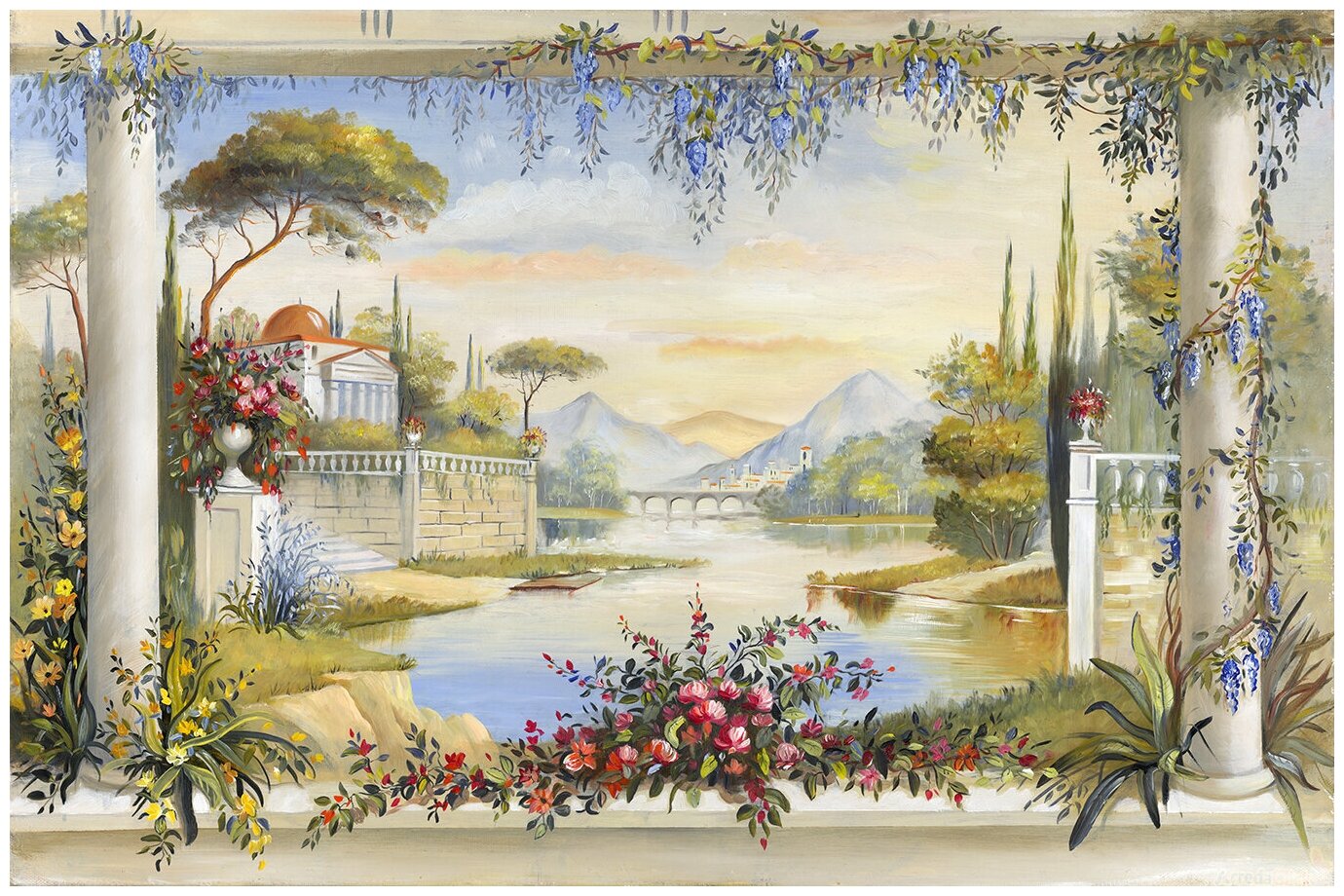 Фотообои Уютная стена "Спокойный пейзаж с колоннами в цветах" 410х270 см Виниловые Бесшовные (единым полотном)