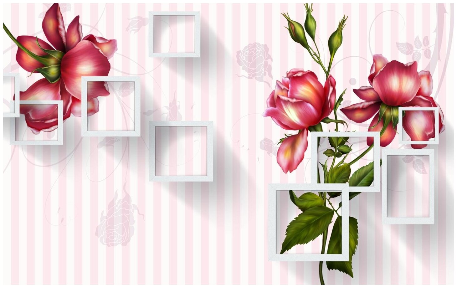 Фотообои Уютная стена "Нежные бутоны роз на полосатом фоне" 430х270 см Виниловые Бесшовные (единым полотном)