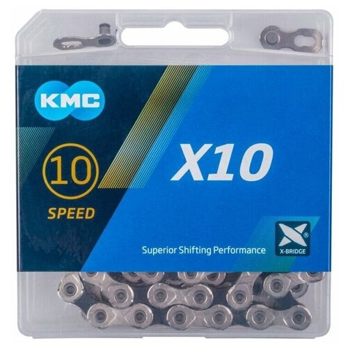 Цепь велосипедная KMC X10 Silver/Black 10 скоростей, 114 звеньев, 1/2 x 11/128 цепь для велосипеда 12 скоростей sram gx eagle 126 звеньев
