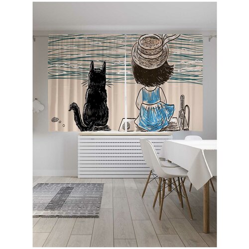 фото Шторы с фотопечатью ambesonne "девочка с котом на берегу реки" из сатена, 290х180 см joyarty