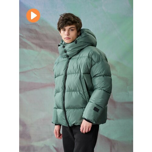 фото  куртка зимняя, оверсайз, карманы, съемный капюшон, внутренний карман, манжеты, стеганая, ветрозащитная, размер 48, зеленый youz