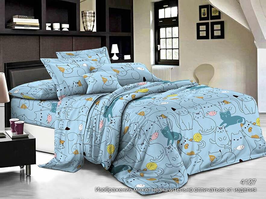 Комплект постельного белья Бязь Элис Текстиль Котики на голубом, 1.5-спальный, хлопок