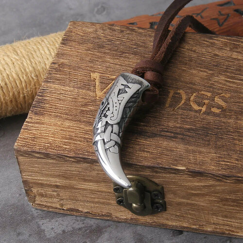 Колье Подвеска на шею: зуб дракона на кожаном шнурке в подарочной шкатулке, коричневый, серебряный