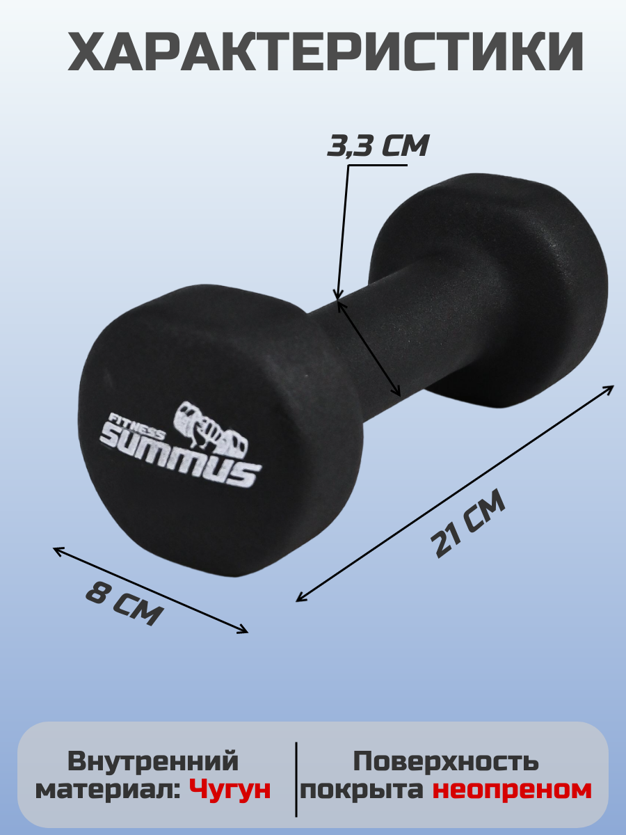 Гантели для фитнеса неопреновые Summus 2 шт. по 2 кг женские, мужские для дома и зала, для детей, черный, арт. 600-016
