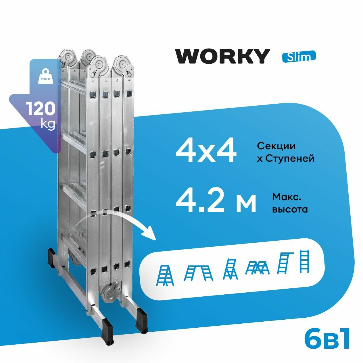 Лестница трансформер 4х4 WORKY Slim, 4 секции по 4 ступени