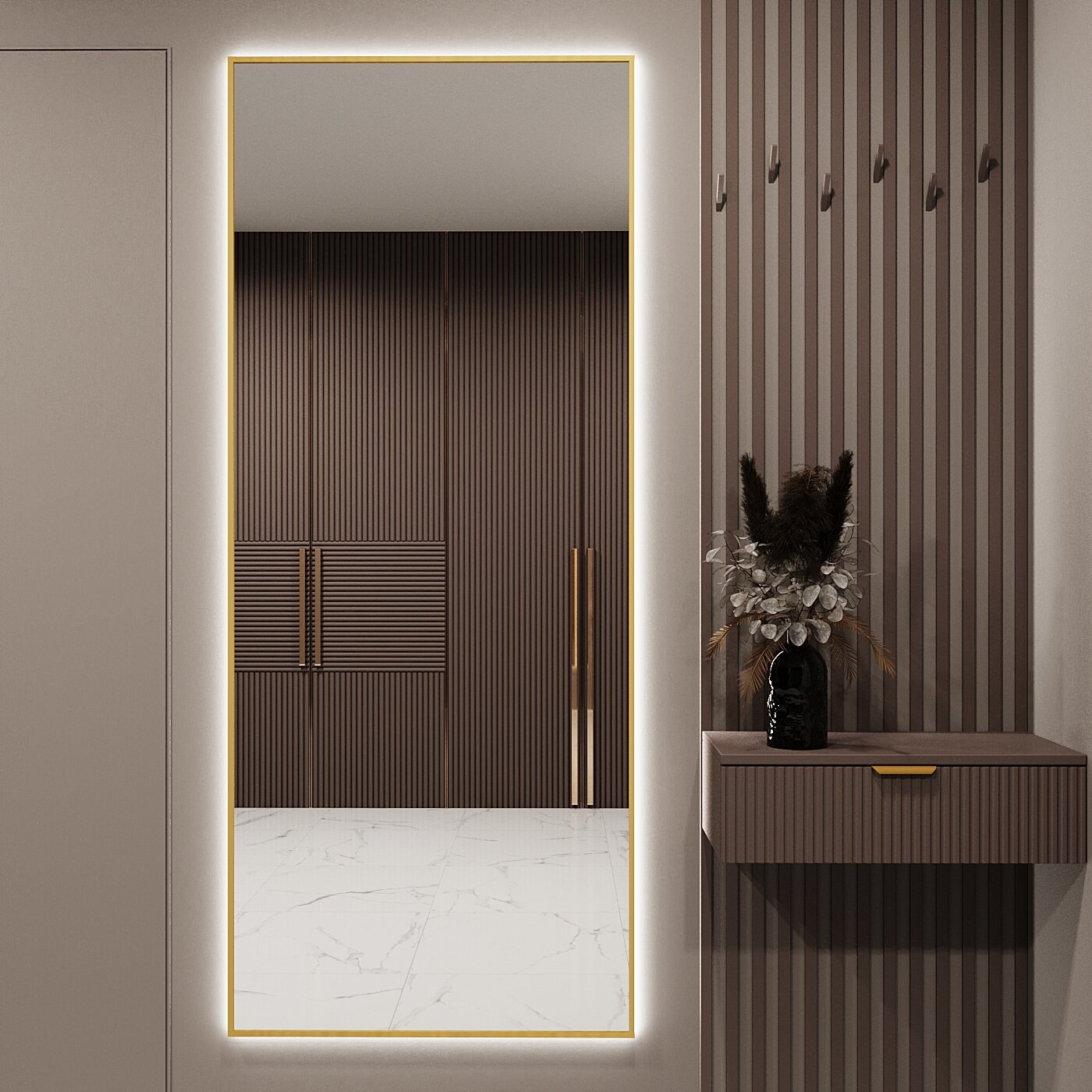 Зеркало с подсветкой в алюминиевой раме настенное Market-house 170х70 см. Свет: Нейтральный Белый 6000К. Золото