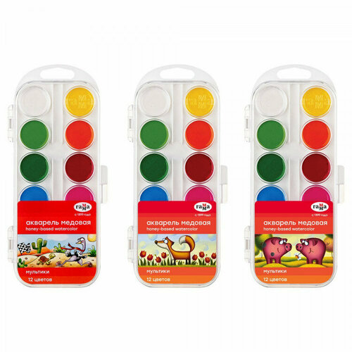 Акварельные краски 12 цветов (Гамма) Мультики пластиковая коробка без кисти арт 211046_12. Количество в наборе 5 шт.