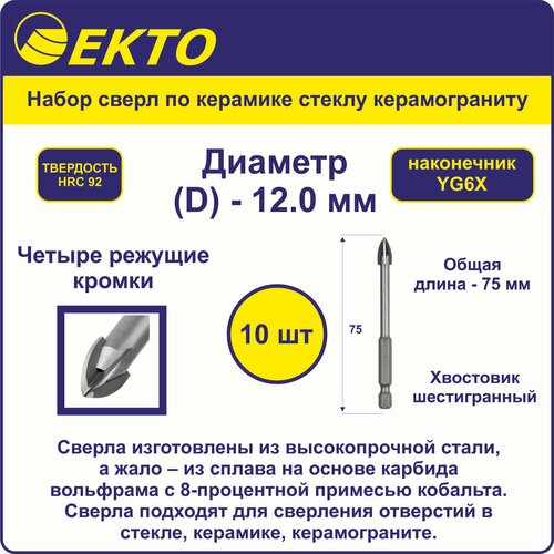 Набор сверл по керамике и стеклу 12 мм шестигранный хвостовик четыре лезвия 10 шт EKTO