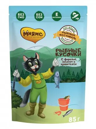Мнямс "Рыбный Фестиваль. Рыбные кусочки" влажный корм для взрослых кошек, с лососем, креветками и форелью в желе, в паучах - 85 г