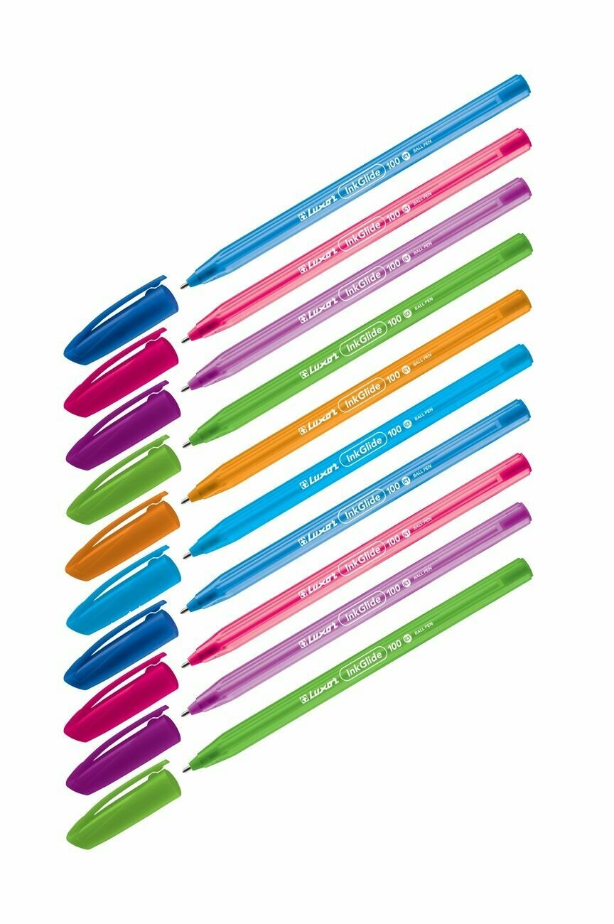 Набор из 10 шт. - Ручка шариковая Luxor "InkGlide 100 Icy" синяя, 0,7мм, трехгран, корпус ассорти