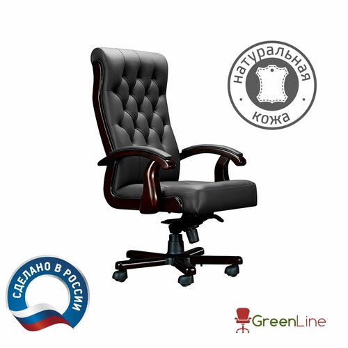 Компьютерное кресло руководителя Берн с накладками натуральная кожа дерево черное 58027₽
