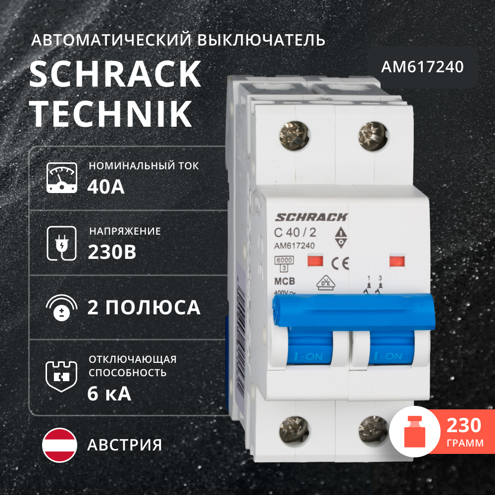 Автоматический выключатель Schrack 6кА 2 полюса С 40A AM617240