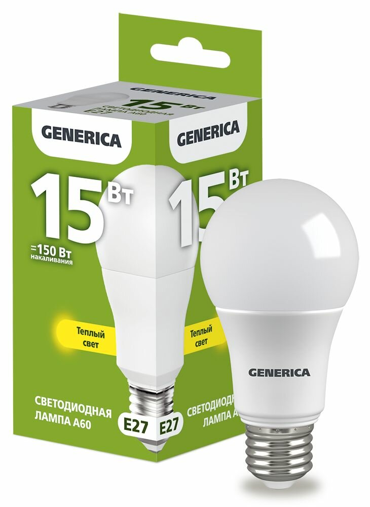Лампа LED A60 груша 15Вт 230В 3000К E27 GENERICA