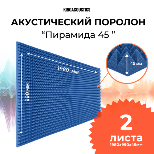 Акустический поролон Пирамида 45мм 2 листа 1980х990х45мм синего цвета
