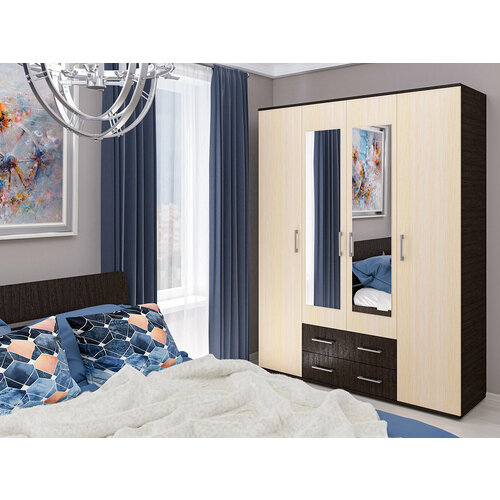 Шкаф четырехдверный Шон-07 с зеркалом, 150х60х230, Венге\дуб молочный