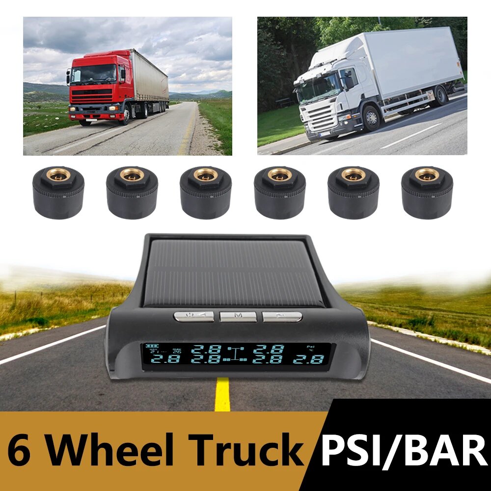 Система контроля давления в шинах Autotruck TMPS на солнечной батарее с 6 датчиками, цифровой монитор для грузовиков, тестер шин с сигнализацией, диагностические инструменты, Solar TPMS — фото 1