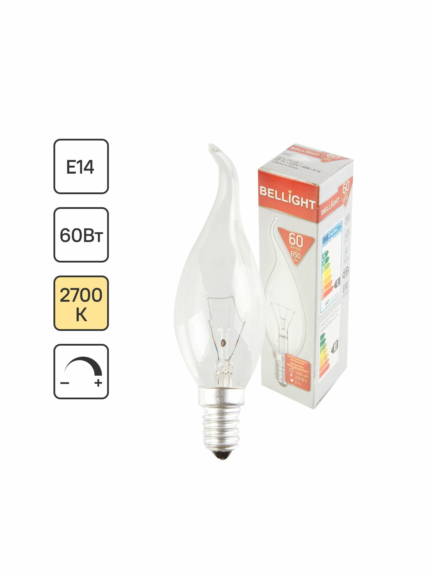 Лампа накаливания Bellight E14 230 В 60 Вт свеча на ветру прозрачная 3 м2 свет тёплый белый