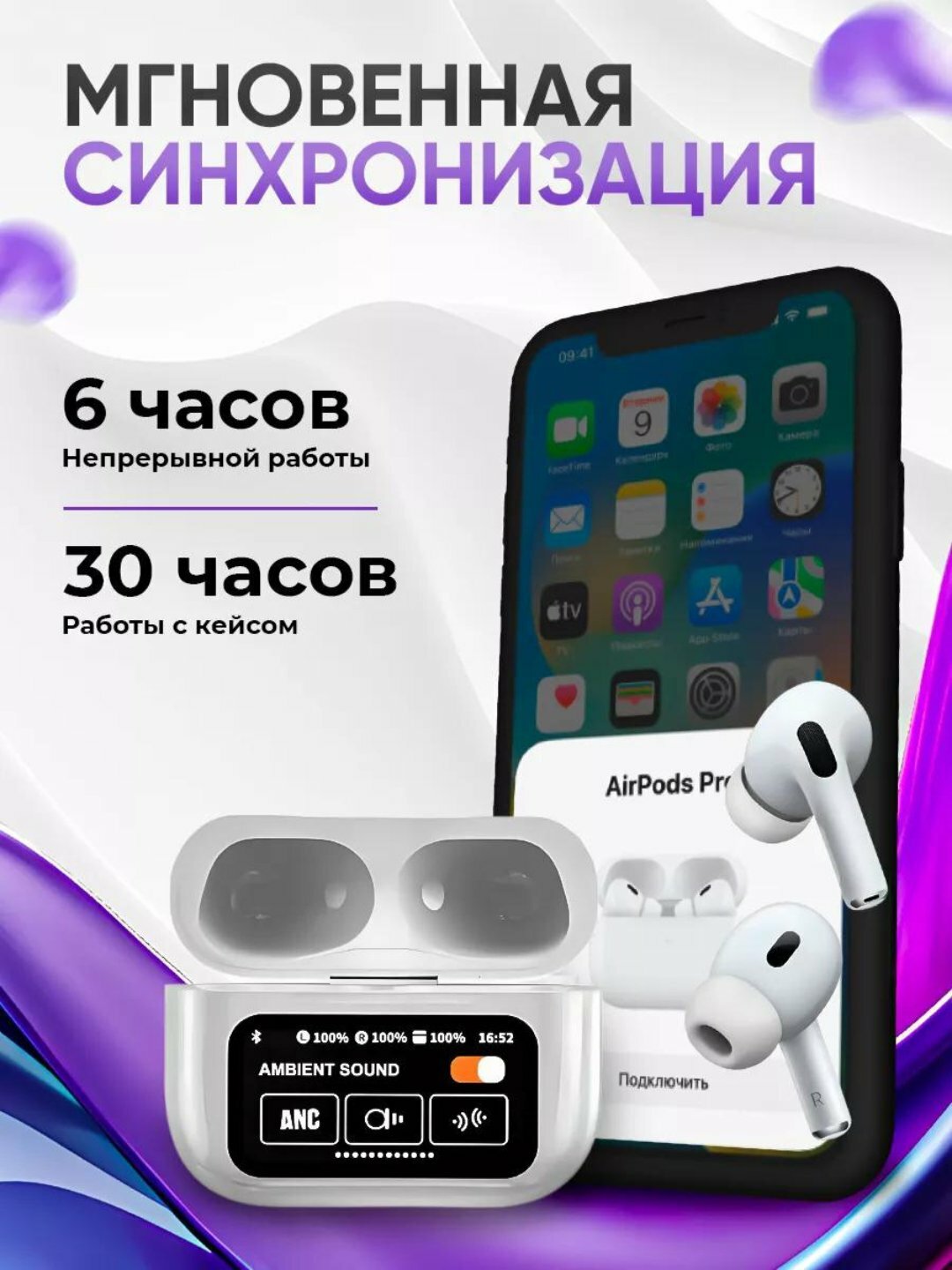 Наушники беспроводные Pods Pro, ANC, с сенсорным экраном, сменные амбушюры — фото 1