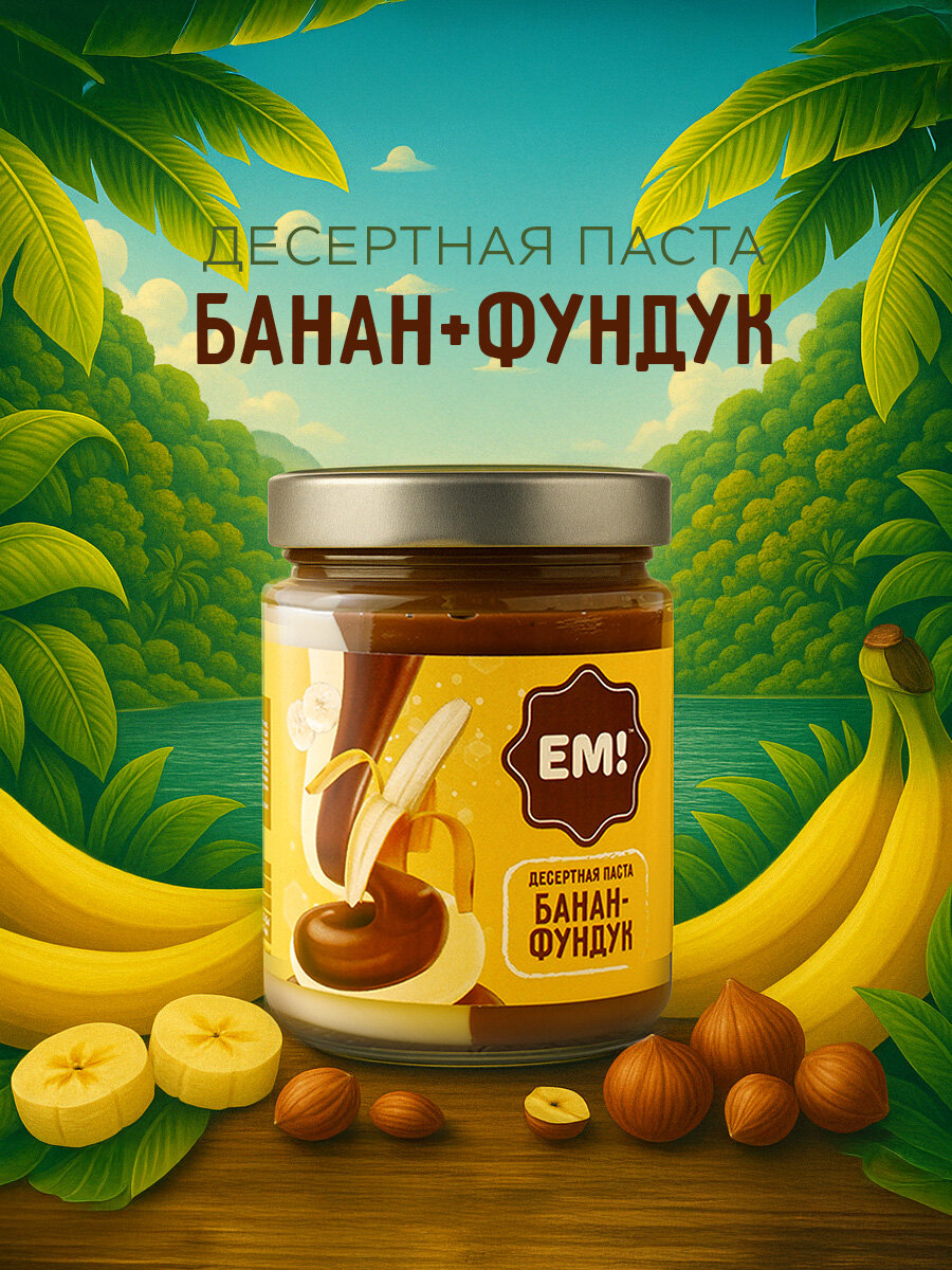 Паста шоколадная ЕМ "Банан-Фундук", ГОСТ, стеклянная банка 230г