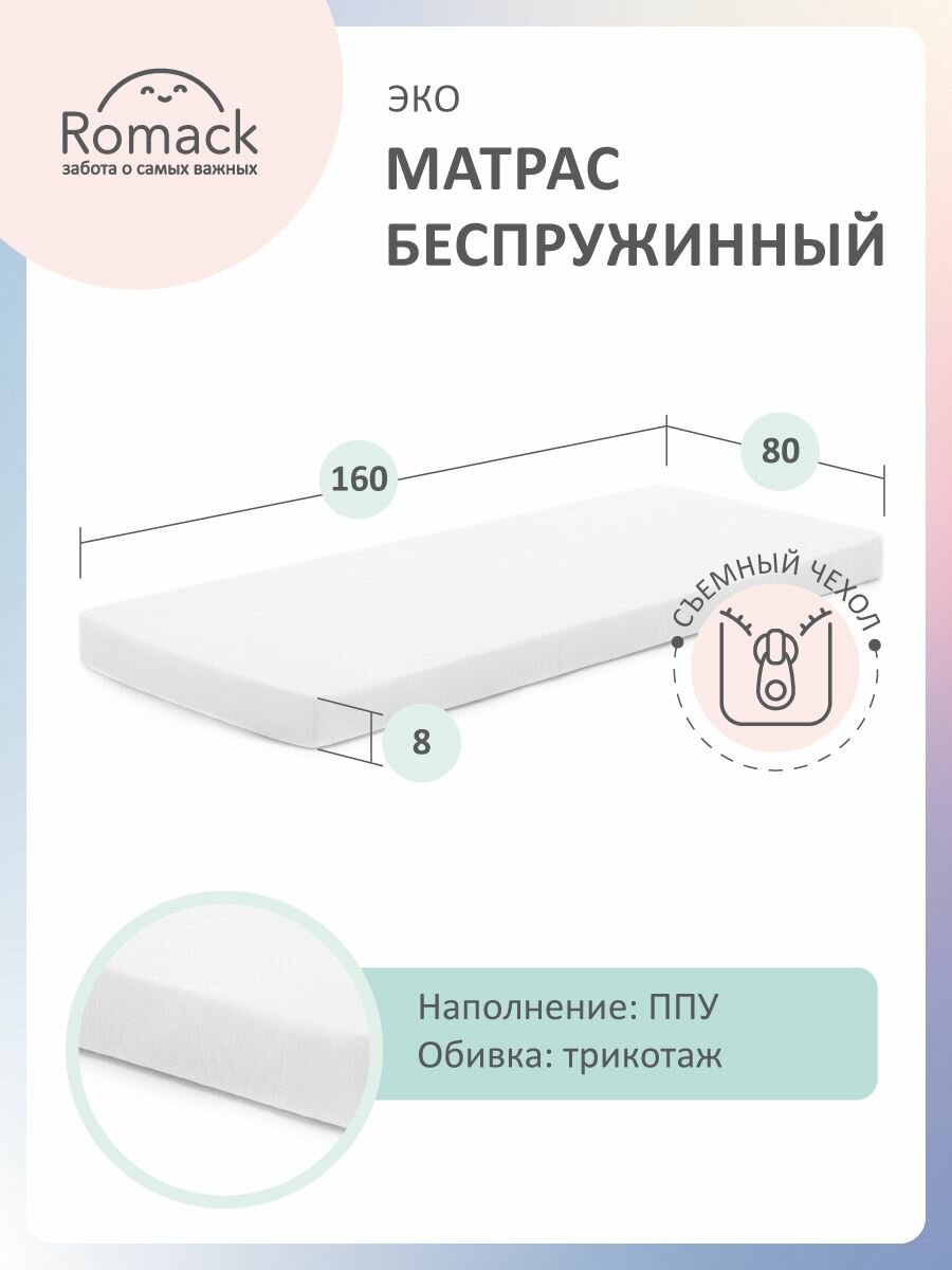 Матрас Ромак 160x80x8 см Эко беспружинный, ППУ, съемный трикотаж, гипоаллергенный