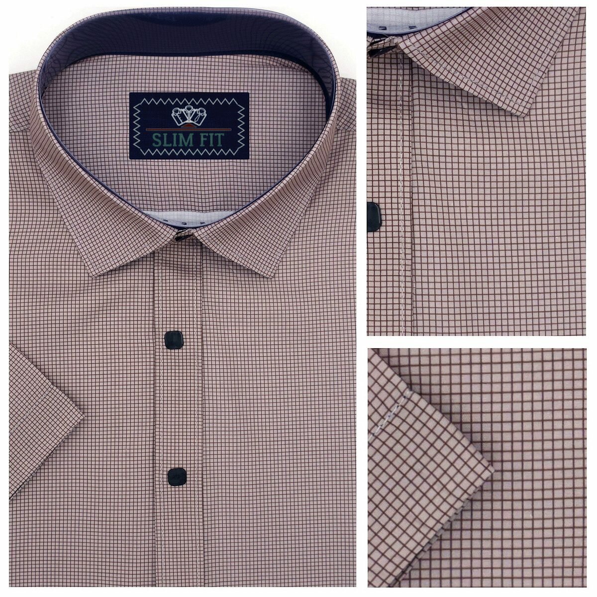 Рубашка Рубашка мужская с коротким рукавом, приталенная, светлая сорочка, на кнопках, рубаха на любой сезон, стильный фасон одежды, бежевая, мелкая клетка, без карманов, летняя