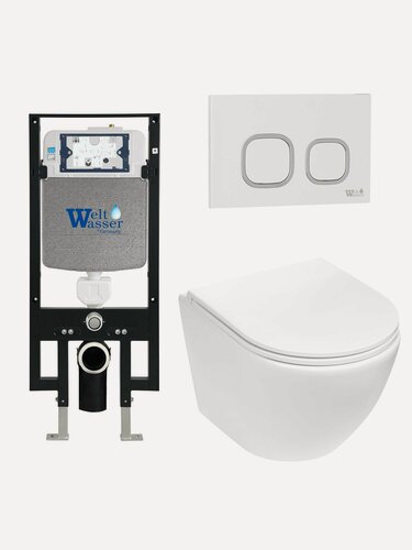 Изображение товара Комплект 6 в 1 WeltWasser: подвесной унитаз MERZBACH 043 MT-WT белый матовый+кнопка смыва AMBERG RD-WT белый+инсталляция AMBERG 497