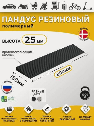 Изображение товара Пандус резиновый рубеж для порогов высотой 2,5 см (25х800х150 мм), чёрный, для колясок, склада и автомобилей