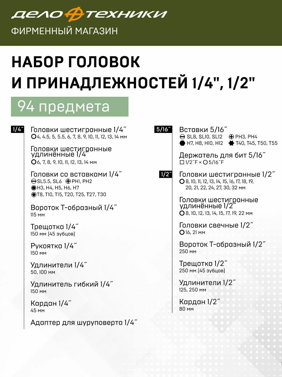 Набор головок и принадлежностей 1/4", 1/2", 94предм, Дело Техники, 620794 — фото 1