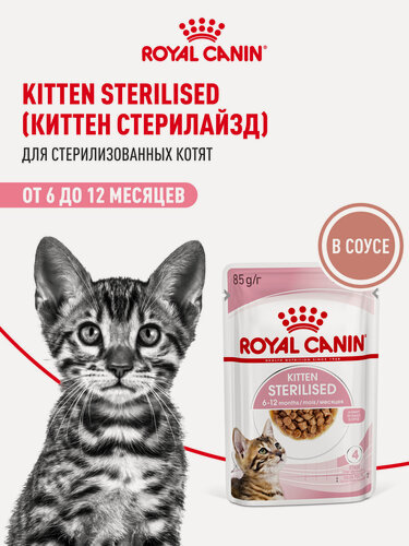 Изображение товара Влажный корм для стерилизованных котят Royal Canin Kitten Sterilised кусочки в соусе, 28 шт по 85 г