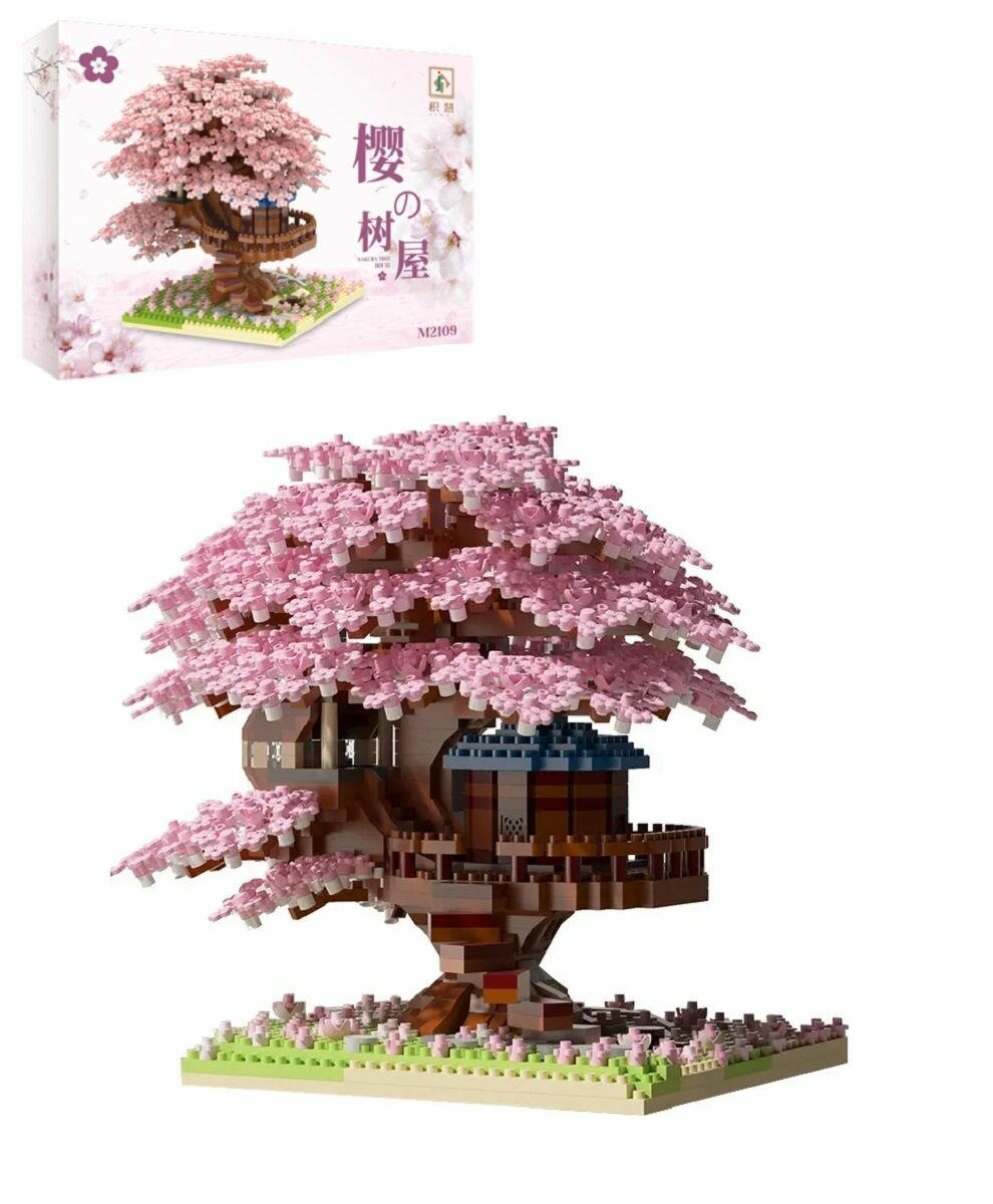 3д конструктор из миниблоков Цветущая сакура с домиком на дереве 2151 деталь