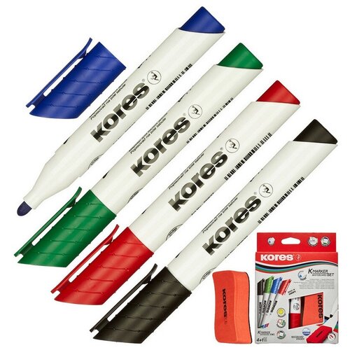 Набор маркеров для досок KORES с губкой 3мм 4 шт в наборе, 20863