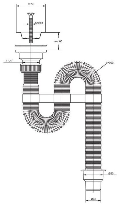 Сифон для раковины гофрированный VIR с нерж. чашкой D70 мм (1 1/4 - D40/50 мм), VIRPlast 30980312