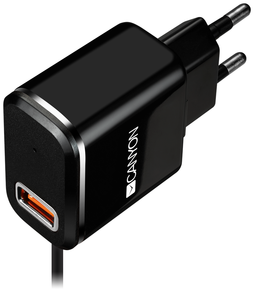 Сетевое зарядное устройство Canyon H-041, Micro-USB кабель, USB-A, 5В-2100мA, Smart IC, черный с серебряной полосой