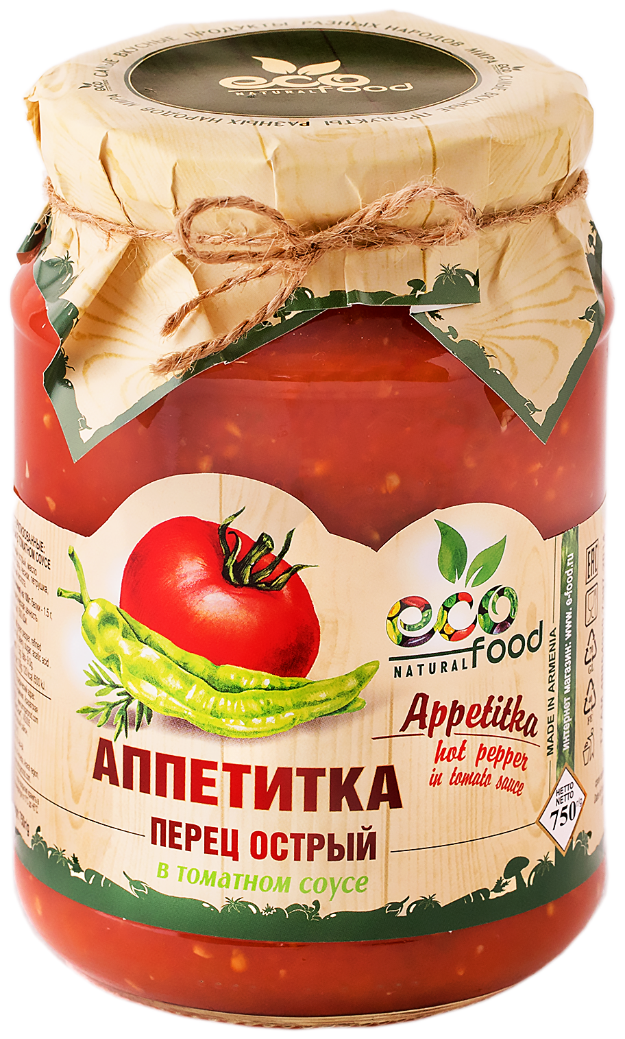 Аппетитка. Перец острый в томатном соусе 750г ECOFOOD