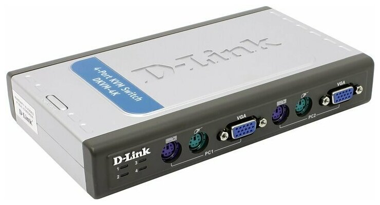 D-Link DKVM-4K/B2B, 4-port KVM Switch with VGA and PS/2 ports.Control 4 computers from a single keyboard, monitor, mouse, Supports video resolutions up to 2048 x 1536, Switching using front panel but