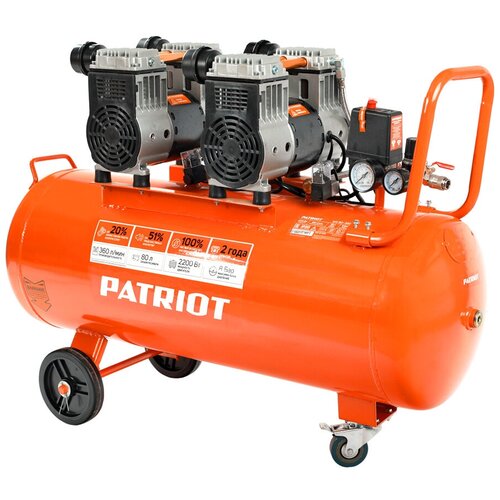 Безмасляный PATRIOT WO 80-360, 80 л, 2.2 кВт компрессор безмасляный patriot wo 80 360 80 л 2 2 квт